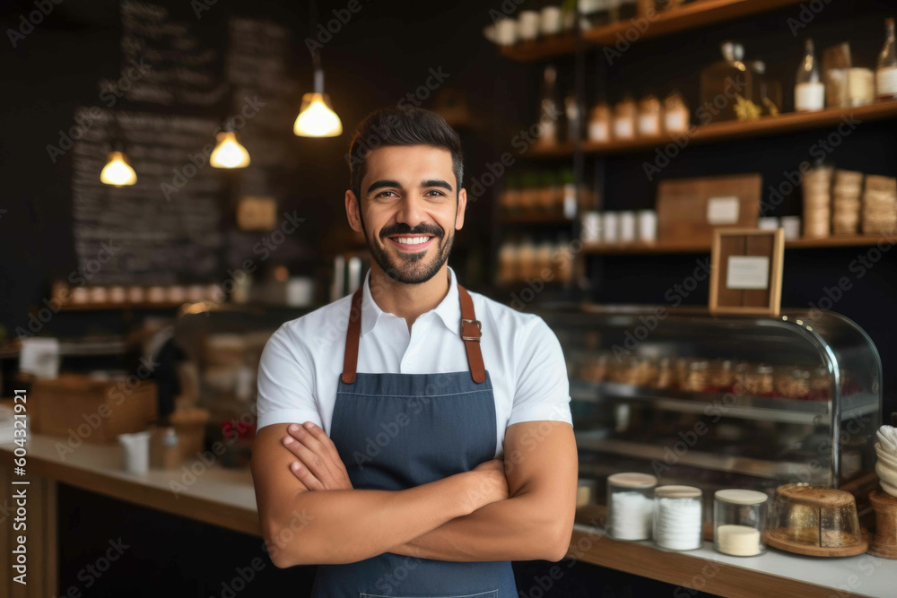Young business man showing his entrepreneurship abilities as he operates a cafe. Generative AI Young business man showing his entrepreneurship abilities as he operates a cafe. Generative AI
