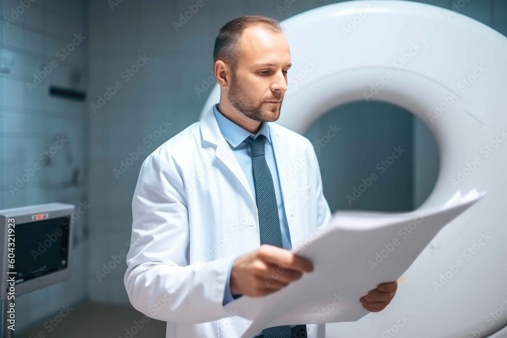 Doctor with a patient medical card near MRI scanner in a hospital. Generative AI Doctor with a patient medical card near MRI scanner in a hospital. Generative AI