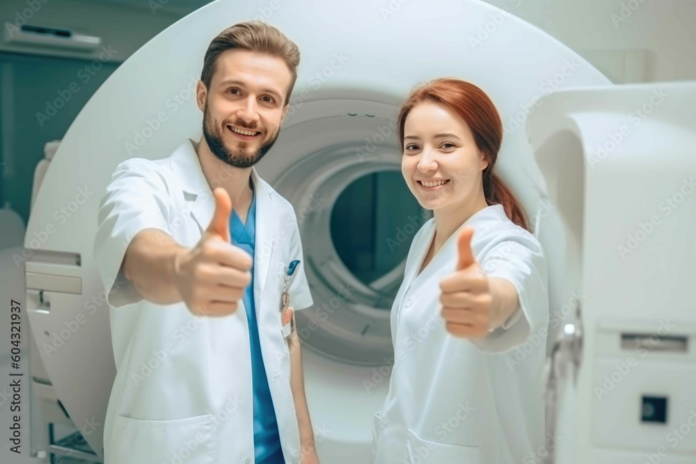 Male radiologist and female patient showing thumbs up near CT scanner in hospital. Generative AI Male radiologist and female patient showing thumbs up near CT scanner in hospital. Generative AI