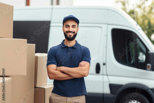 Portrait of caucasian courier delivering parcel box to recipient. Generative AI © Andrii 