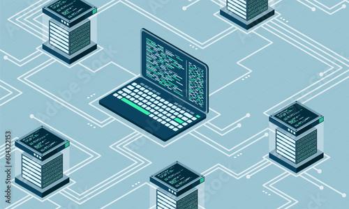 Abstract isometric high technology concept. Cloud storage isometric illustration. Big data center with server. Server room. Vector illustration