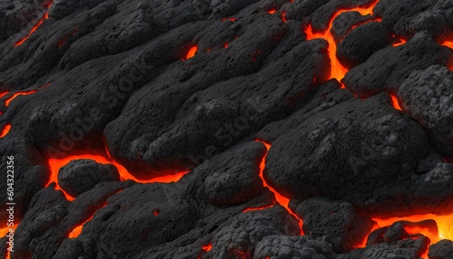 Seamless lava pattern with small stones, texture for graphic design. Realistic lava flame on black ash background. Texture of molten magma surface. Abstract volcanic lava background. Generative AI