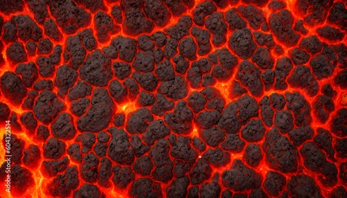 Seamless lava pattern with small stones, texture for graphic design. Realistic lava flame on black ash background. Texture of molten magma surface. Abstract volcanic lava background. Generative AI