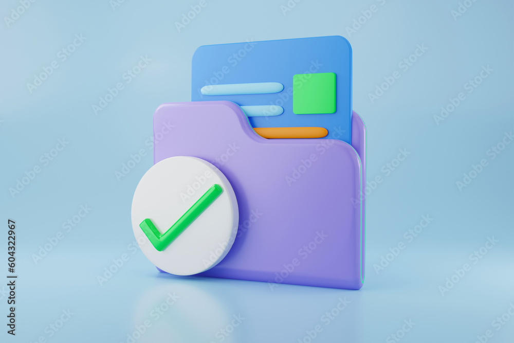 Protective shield. Check mark with document folder. 3d illustration. Data storage. security protection Protective shield. Check mark with document folder. 3d illustration. Data storage. security protection