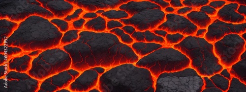 Seamless lava pattern with small stones, texture for graphic design. Realistic lava flame on black ash background. Texture of molten magma surface. Abstract volcanic lava background. Generative AI