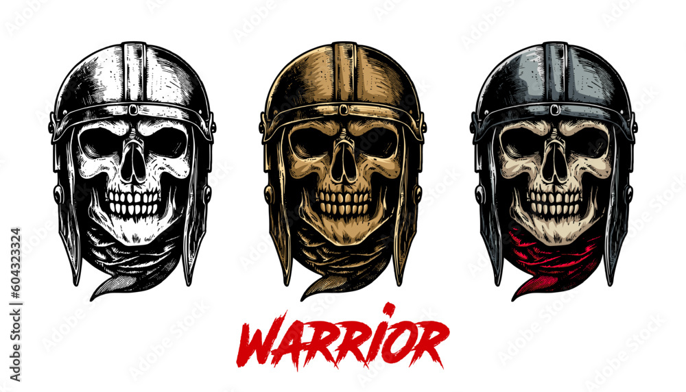 Skull warrior hand drawn vector illustration. Skull warrior t-shirt design. Set of skull knight wearing helmet. Perfect for printing, poster, sticker, street wear.
