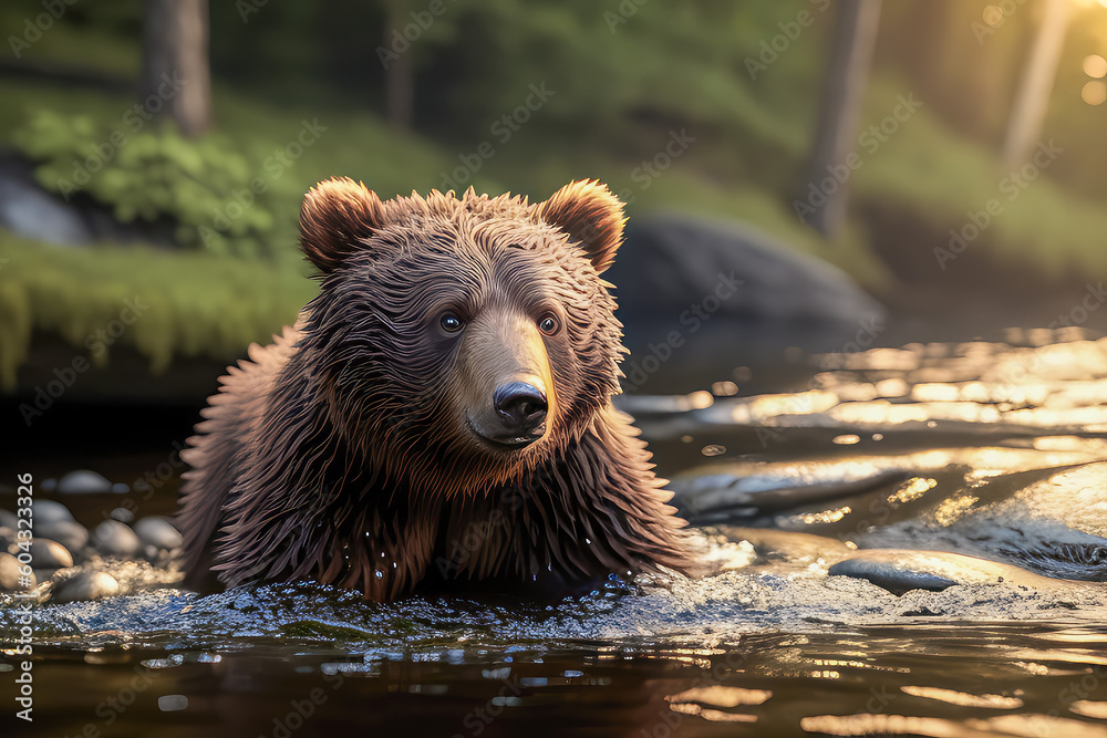brown baby bear in the river, concept Animals, generative ai brown baby bear in the river, concept Animals, generative ai