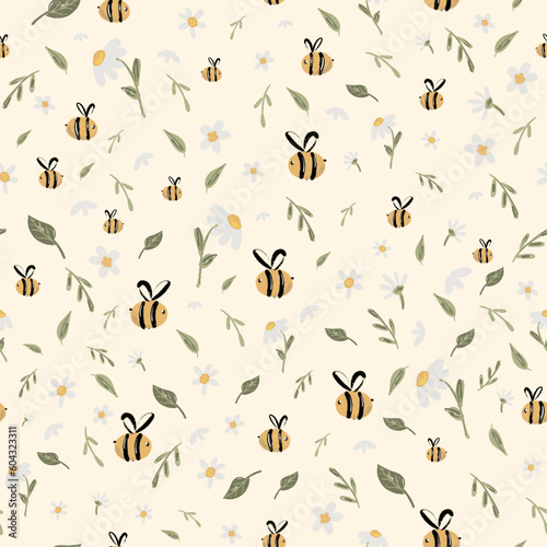 Bee honey pattern Bee seamless pattern daisy floral Cute hand drawn summer meadow flowers, Hand drawn templates. Kids fabric design. Summer illustration. Floral sweet bees print. vector pattern
