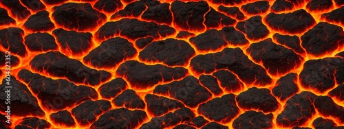 Seamless lava pattern with small stones, texture for graphic design. Realistic lava flame on black ash background. Texture of molten magma surface. Abstract volcanic lava background. Generative AI