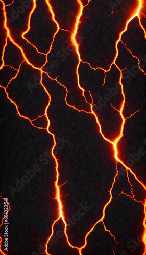 Seamless lava pattern with small stones, texture for graphic design. Realistic lava flame on black ash background. Texture of molten magma surface. Abstract volcanic lava background. Generative AI