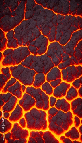 Seamless lava pattern with small stones, texture for graphic design. Realistic lava flame on black ash background. Texture of molten magma surface. Abstract volcanic lava background. Generative AI