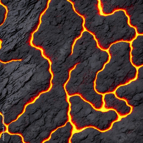 Seamless lava pattern with small stones  texture for graphic design. Realistic lava flame on black ash background. Texture of molten magma surface. Abstract volcanic lava background. Generative AI