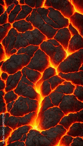 Seamless lava pattern with small stones, texture for graphic design. Realistic lava flame on black ash background. Texture of molten magma surface. Abstract volcanic lava background. Generative AI