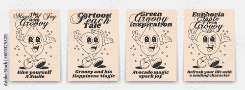 Collection contour groovy posters 70s. Retro poster with funny cartoon walking characters in the form of fruits and poisons, Apple, avocado, peach and pear. Vintage prints, isolated