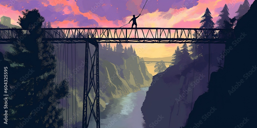 Fototapeta premium Person bungee jumping from bridge over a river, concept of Adrenaline rush, created with Generative AI technology