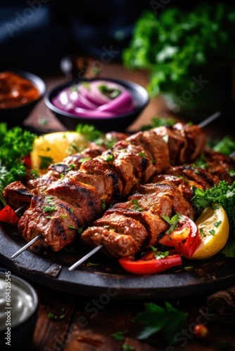 Grilled meat skewers  shish kebab. Juicy and tasty grilled shashlik. Generative AI