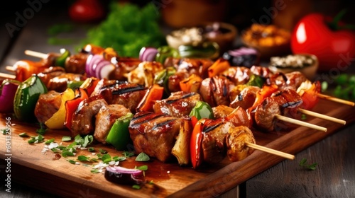 Grilled meat skewers, shish kebab. Juicy and tasty grilled shashlik. Generative AI