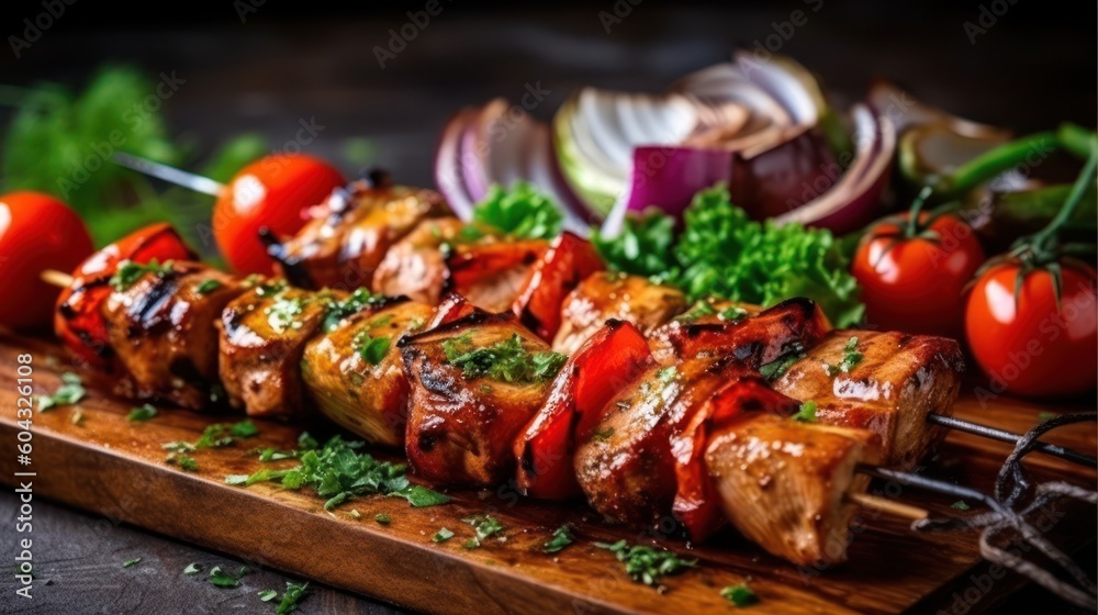 Grilled meat skewers, shish kebab. Juicy and tasty grilled shashlik. Generative AI