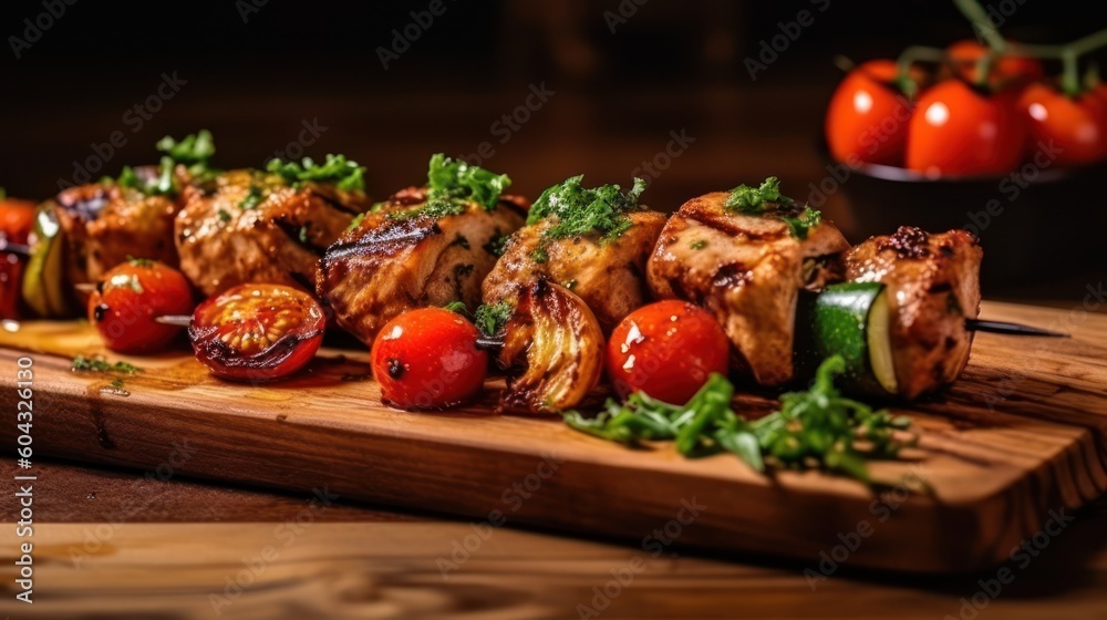 Grilled meat skewers, shish kebab. Juicy and tasty grilled shashlik. Generative AI Grilled meat skewers, shish kebab. Juicy and tasty grilled shashlik. Generative AI