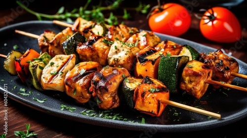 Grilled meat skewers, shish kebab. Juicy and tasty grilled shashlik. Generative AI