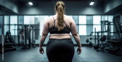 Overweight woman in a gym. Body positive concept. Generative AI