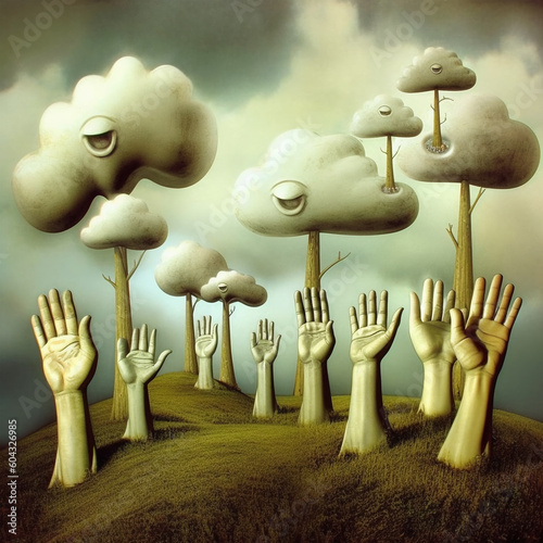 A group of human hands and trees reaching for the clouds. Created with generative AI technology.