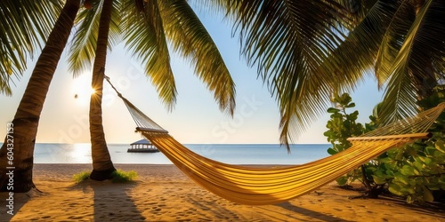 hammock, beach chair , landscape, kayak floating on water beach with generative ai