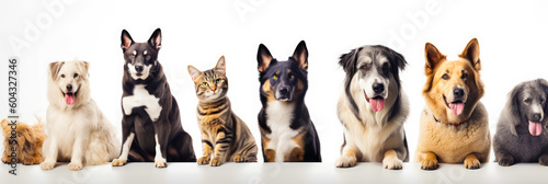 many dogs and cat of different breeds, sizes and colors, looking ahead, white background, generative ai