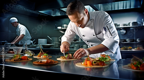 gourmet chef preparing food in kitchen photo