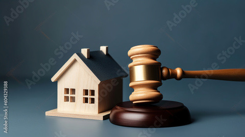 House model with a wooden gavel and giving tool on blue background, Generative AI