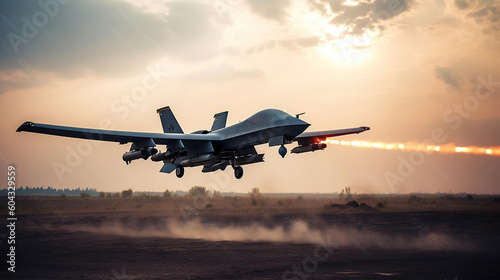Combat drone in the sky on a mission, an unmanned aerial vehicle launches missiles at a target. Generative AI