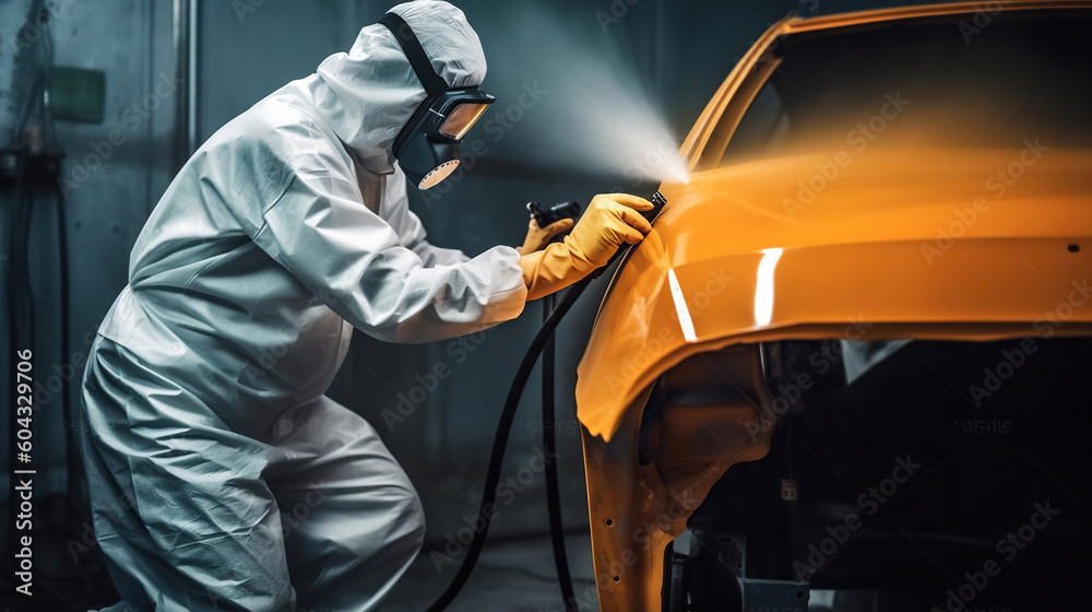 Car painter in protective clothes and mask painting a car, mechanic using a paint spray gun in a painting chamber. Paint job, car service, garage. Generative AI