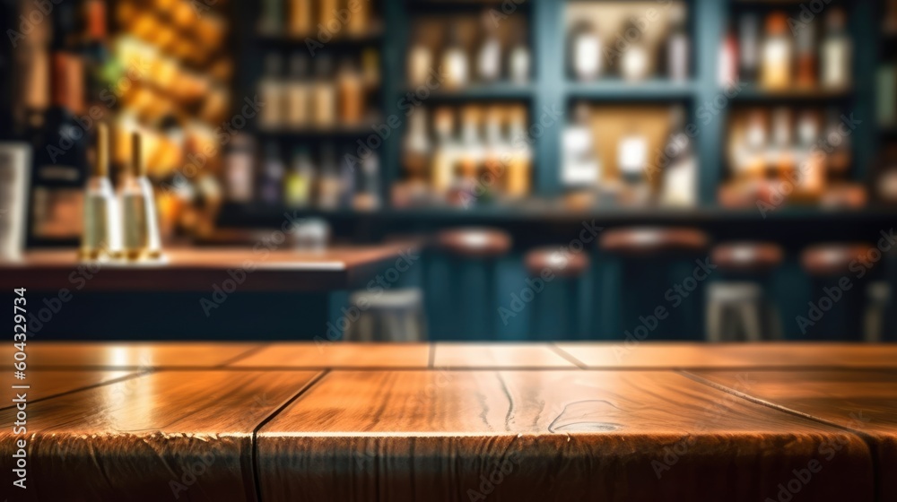 Empty wooden table and countertop with blurred bar background for product placement design, Generative AI