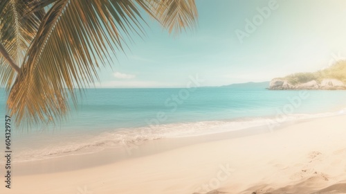 金色の砂とヤシの葉がぼやけた楽園のようなビーチの美しいワイドパノラマ。夏のバナーGenerativeAI © enopi