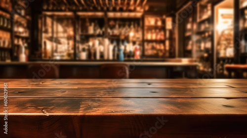 Empty wooden table and countertop with blurred bar background for product placement design, Generative AI