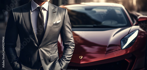 The Affluent Gentleman Embraces Luxury, Posing Beside a Phenomenal Supercar. Generative AI © Gasspoll