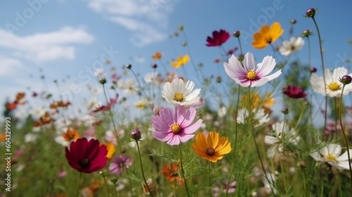 春夏の草原に咲く色とりどりのコスモスの花、青空を背景にした自然GenerativeAI