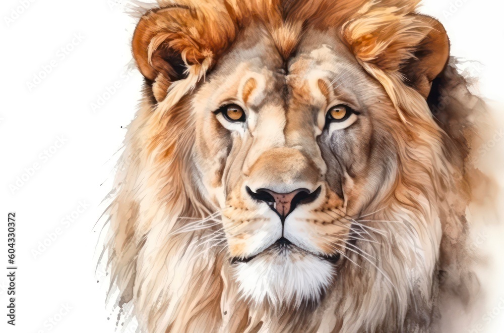 Watercolor portrait of a lion on white background. Generative AI.