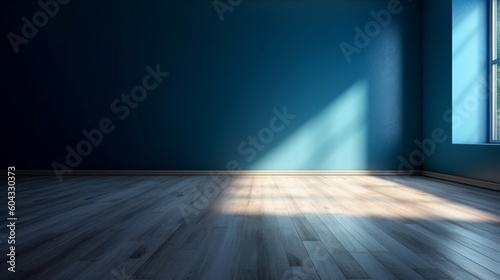 青い何もない壁と木の床、光のまぶしさが面白い。プレゼンテーションのためのインテリア背景GenerativeAI © enopi