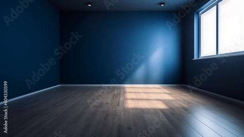 青い何もない壁と木の床、光のまぶしさが面白い。プレゼンテーションのためのインテリア背景GenerativeAI