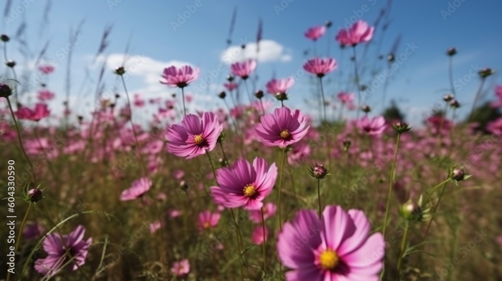 青空を背景にした美しいピンクのコスモスの花、屋外の自然をクローズアップした写真GenerativeAI