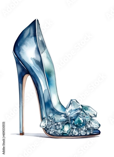 Glass female shoe with high heel isolated on white background in watercolor style. Generative AI.