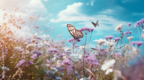 草原に咲くふわふわとした空気のようなライラックの花と、青空に舞う蝶を背景にした、春のナチュラルブルーの花柄。夢見るような優しい空気のアーティスティックなイメージ。ソフトフォーカスGenerativeAI © enopi