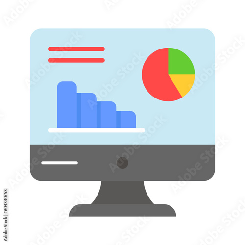 Bar chart and pie chart on monitor display denoting vector of data analytics