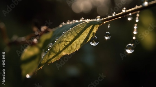 :美しい水滴が太陽に照らされて輝く葉っぱの上、マクロ。朝露の大きなしずく 屋外 美しい丸ボケ自然の純粋さを表現した驚くべき芸術的イメージGenerativeAI