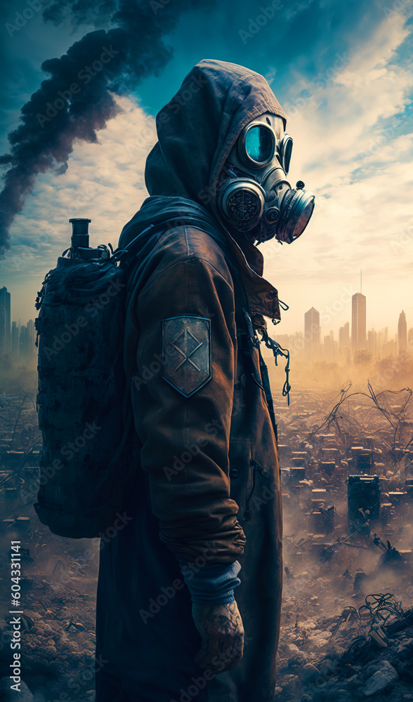 Unrecognized person wearing protective suit and radiation mask. Post-apocalyptic scenery in ruins and smoke at backdrop. Generative AI.