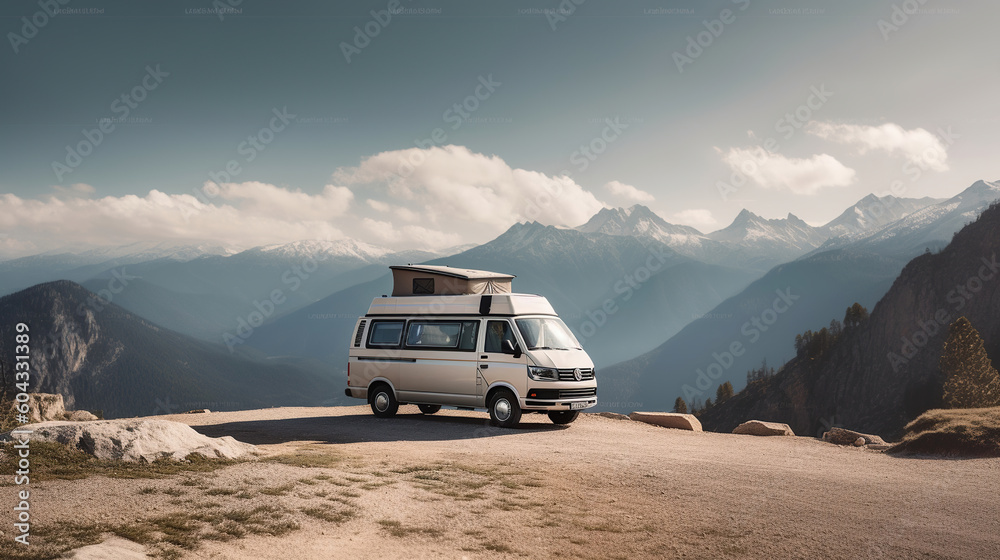 A white camper van is parked on rocky ground in front of mountains, in the style of photo-realistic landscapes, Generative AI