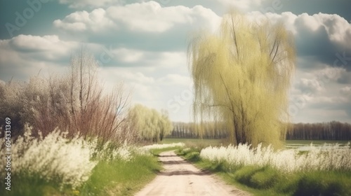 デフォーカスされた春の風景。青空と雲、ソフトフォーカス、花柳界と林道の美しい自然。ウルトラワイドフォーマットGenerativeAI © enopi