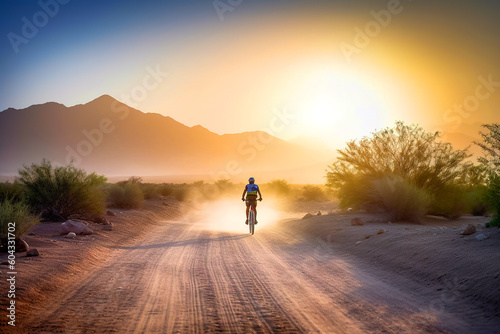Dusty dirt road with a lonely bicyclist riding at sunset. Sportsman training in the desert. Generative AI.
