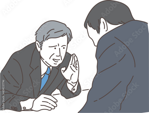 耳打ちをするスーツ姿のビジネスマン達